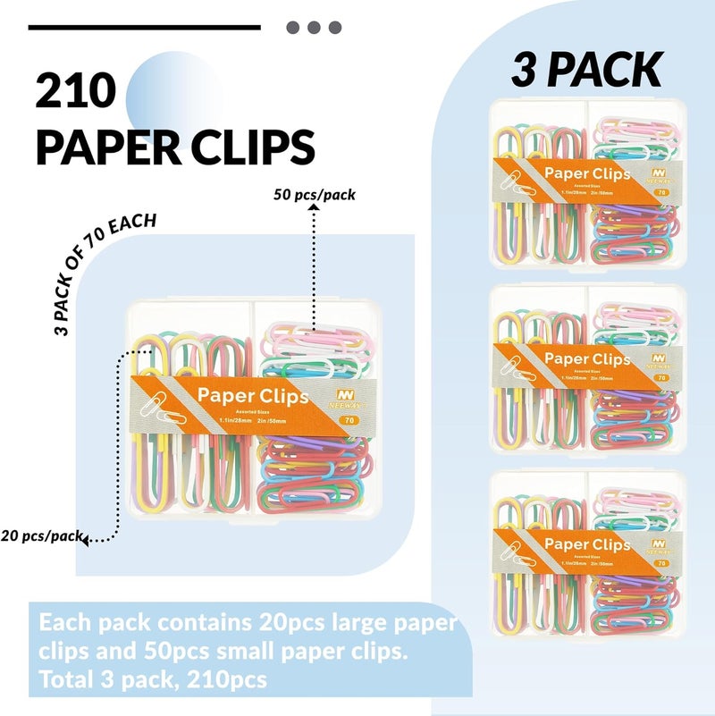 NEEWAY Colorful Paper Clips Assorted Sizes, Small and Large Paperclips, 210 Count, 3 Pack of 70 (Multicolor) - Image 3